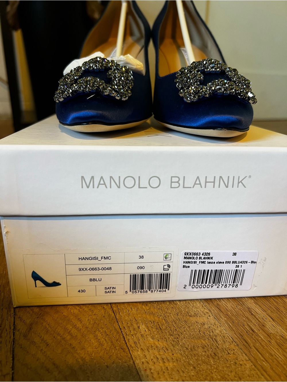 Manolo Blahnik Navy Satin Hangisi Crystal Buckle Pumps